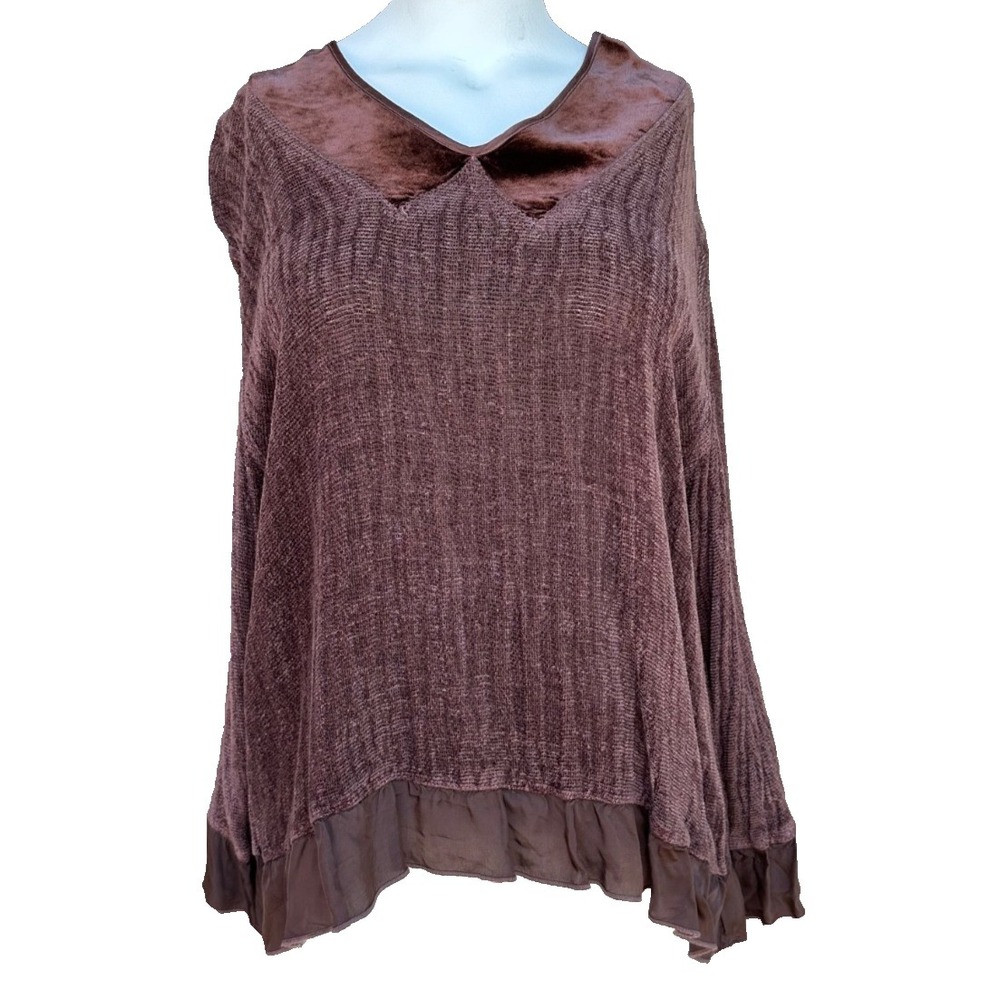 NOOSHIN Femme Sweater L Brown Chenille Satin V Neck Ruffle Hem Soft Knit Top Coz
